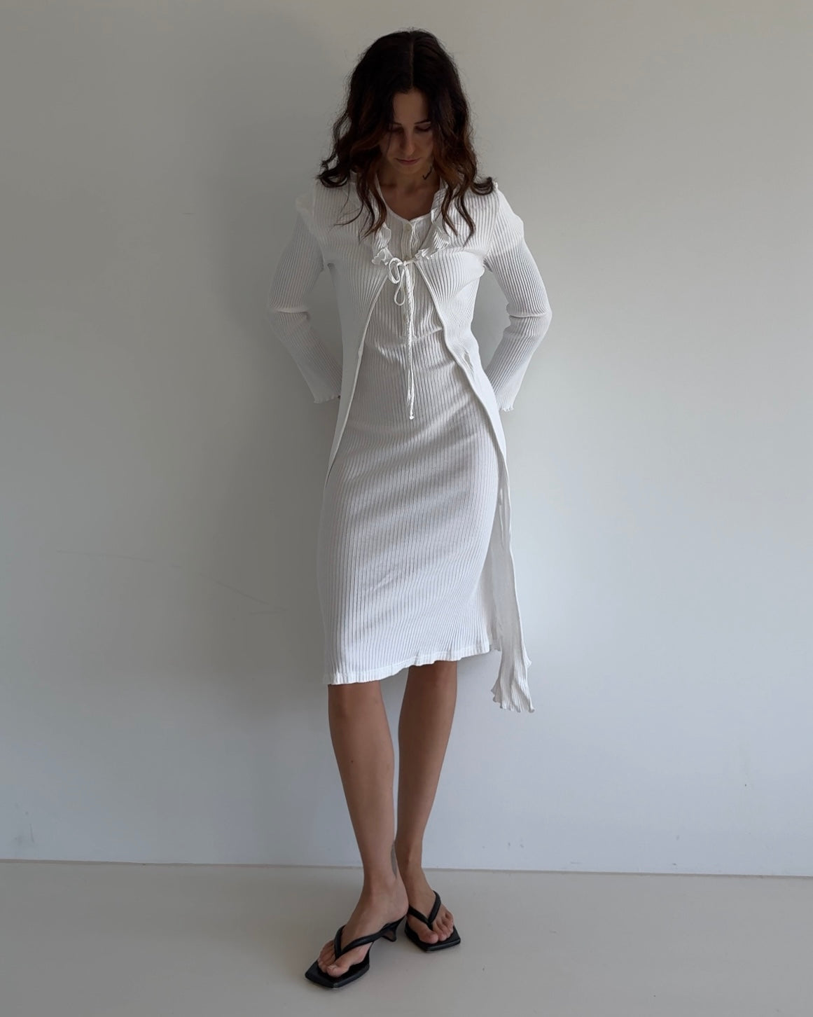 Vintage Ribbed Knit Dress Set – White