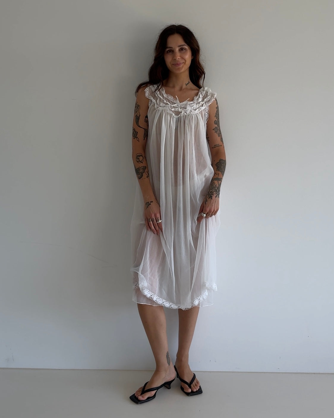 Vintage Sheer Lace Nightgown Dress – White