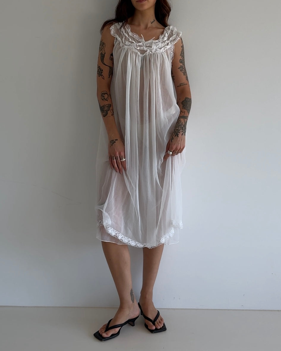 Vintage Sheer Lace Nightgown Dress – White