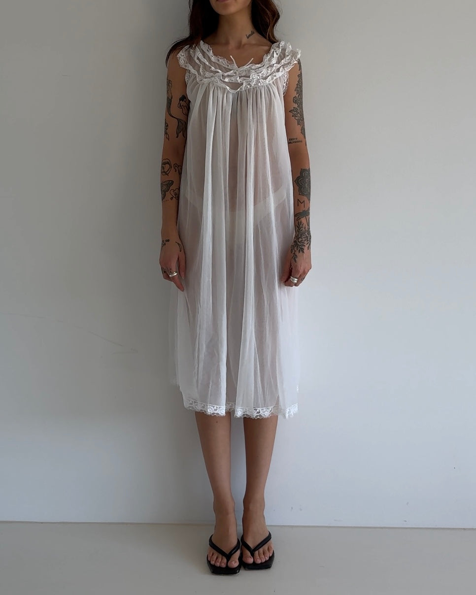 Vintage Sheer Lace Nightgown Dress – White