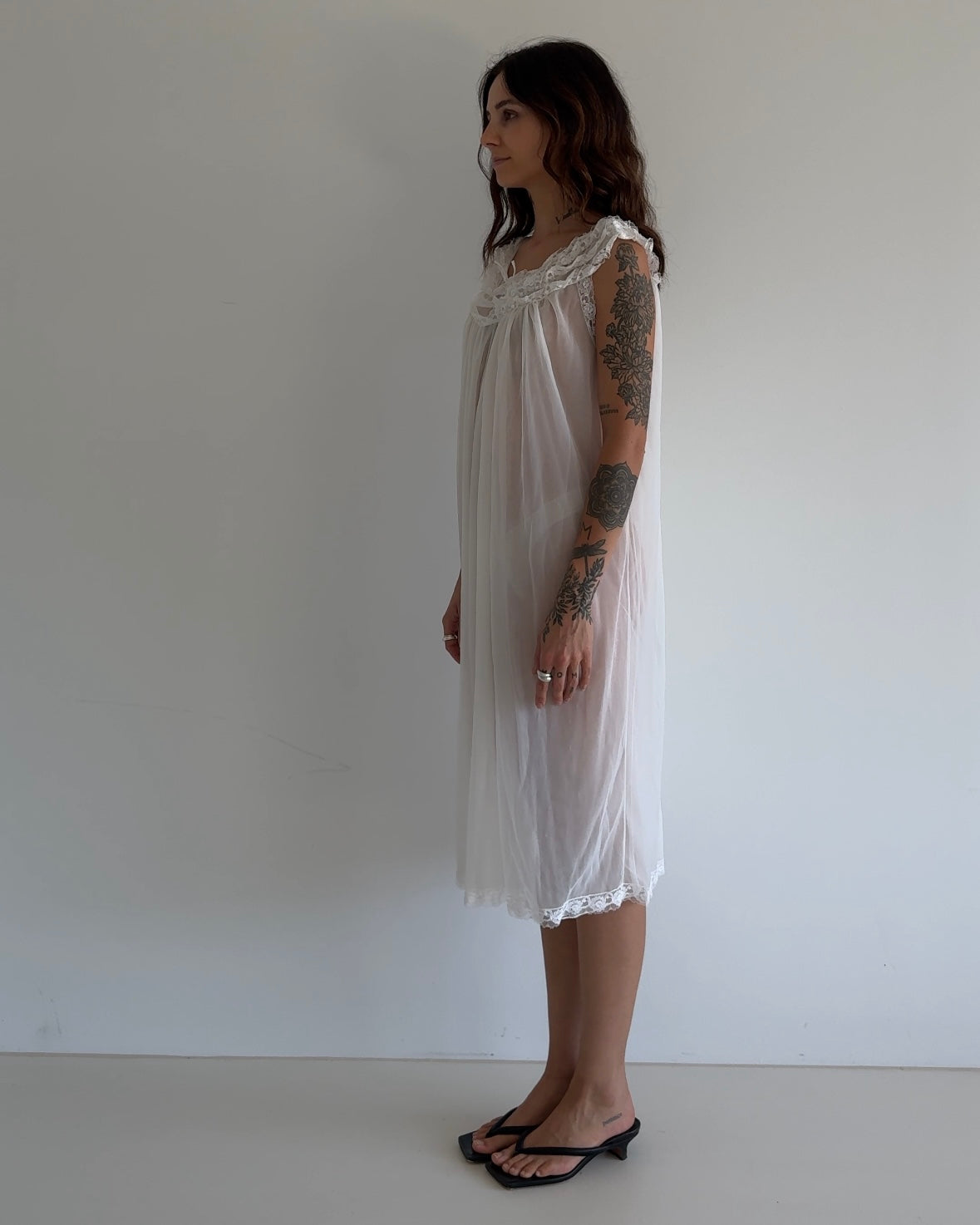 Vintage Sheer Lace Nightgown Dress – White