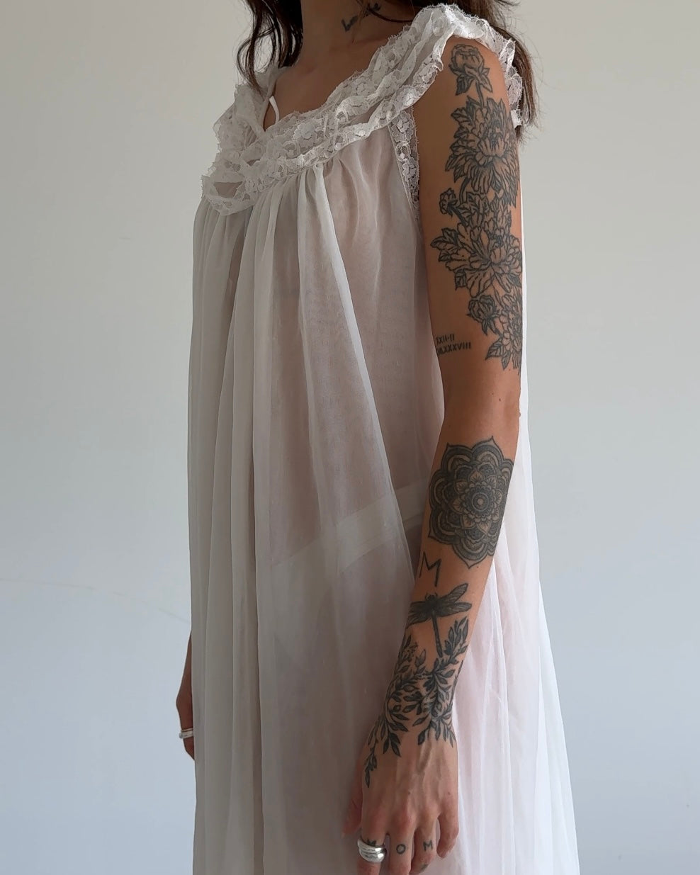 Vintage Sheer Lace Nightgown Dress – White