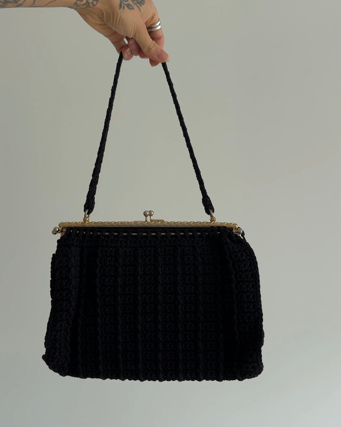 Vintage Black Crochet Handbag with Metal Frame