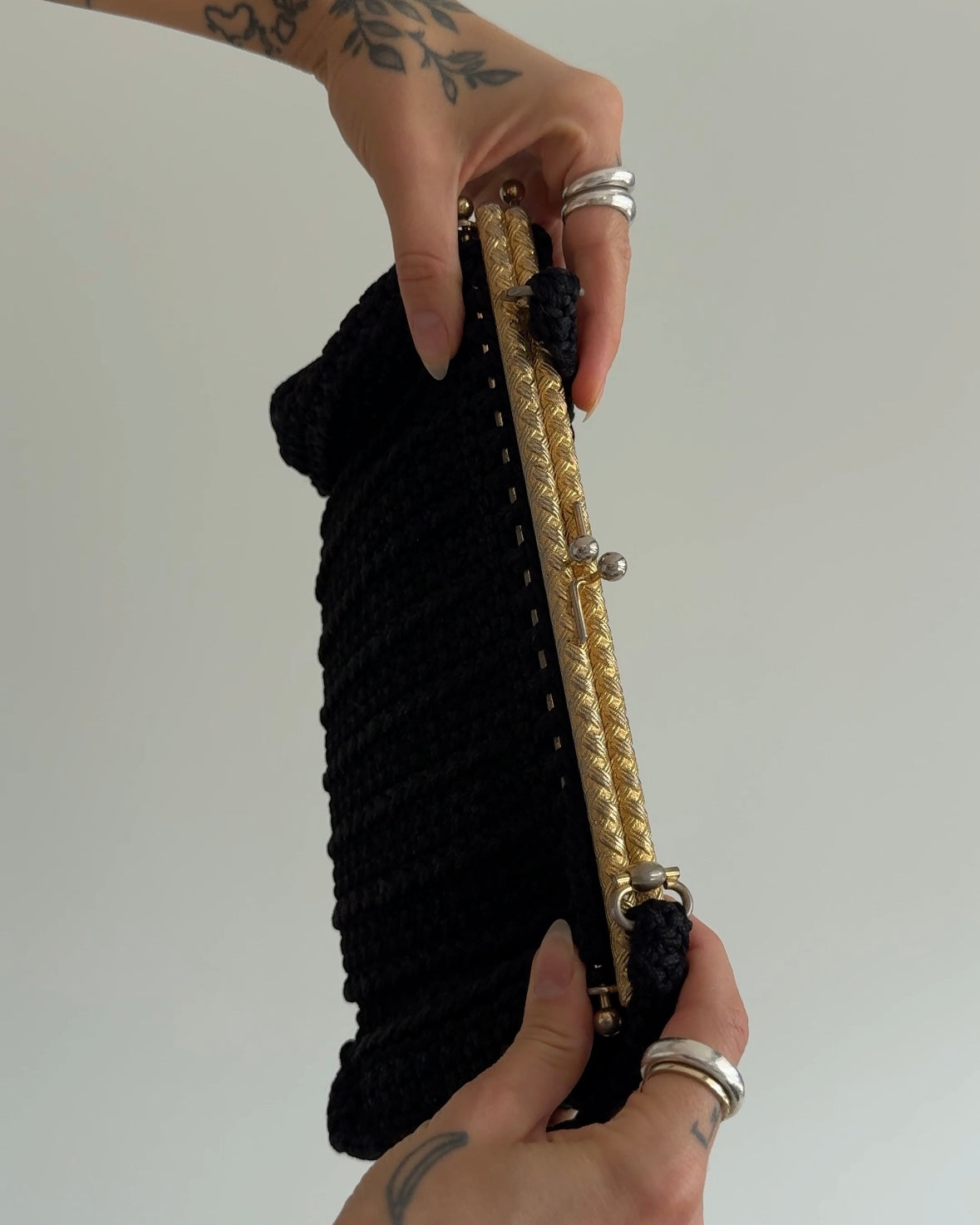 Vintage Black Crochet Handbag with Metal Frame