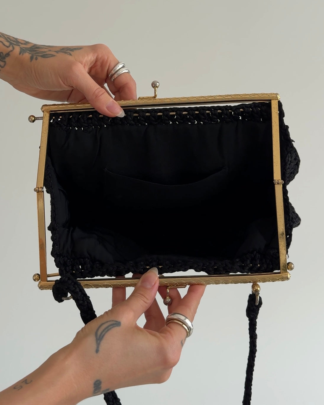 Vintage Black Crochet Handbag with Metal Frame