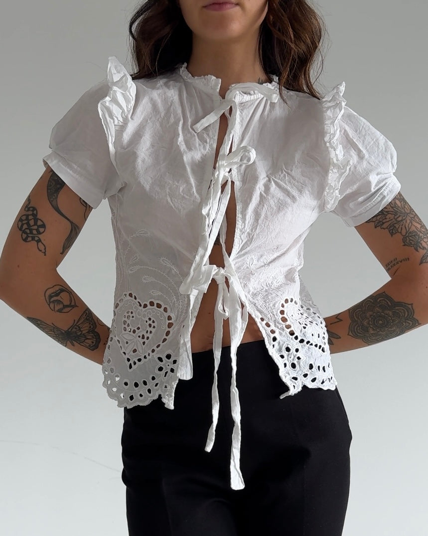 Vintage White Broderie Tie-Front Blouse