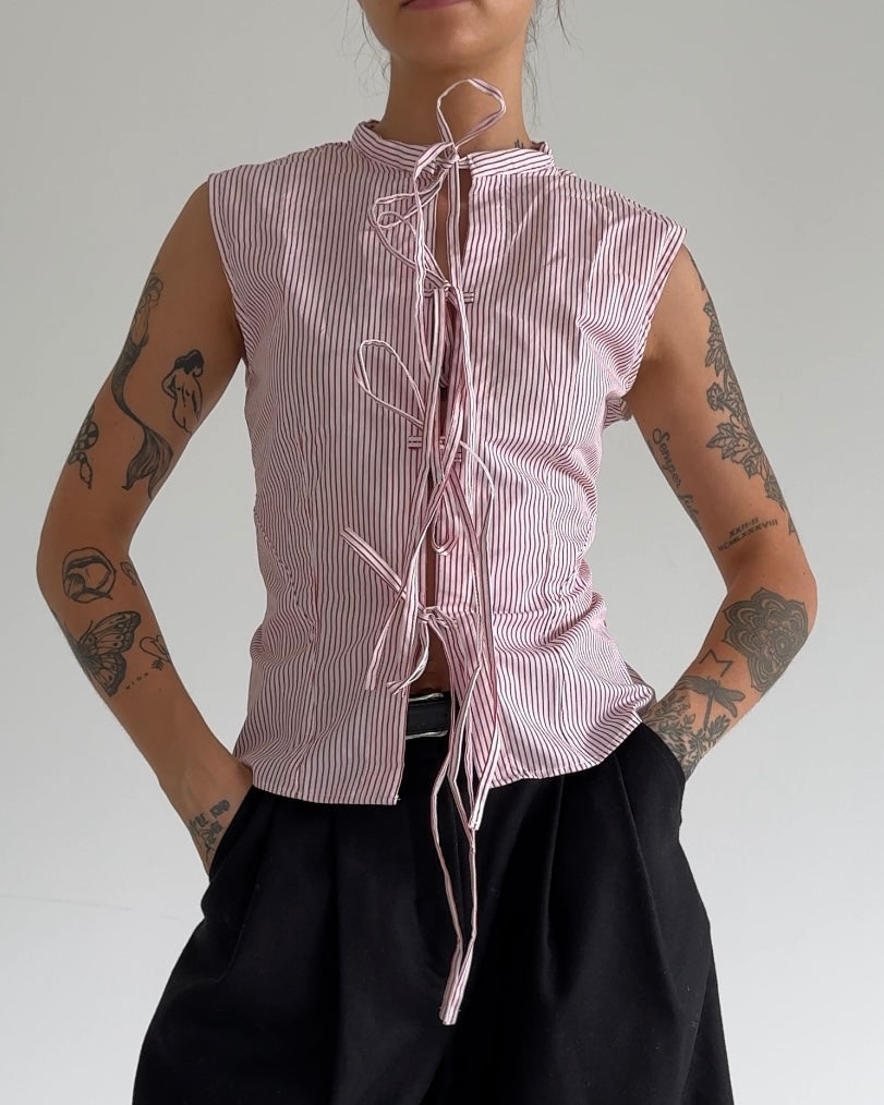 Vintage Tie-Front Pinstripe Blouse