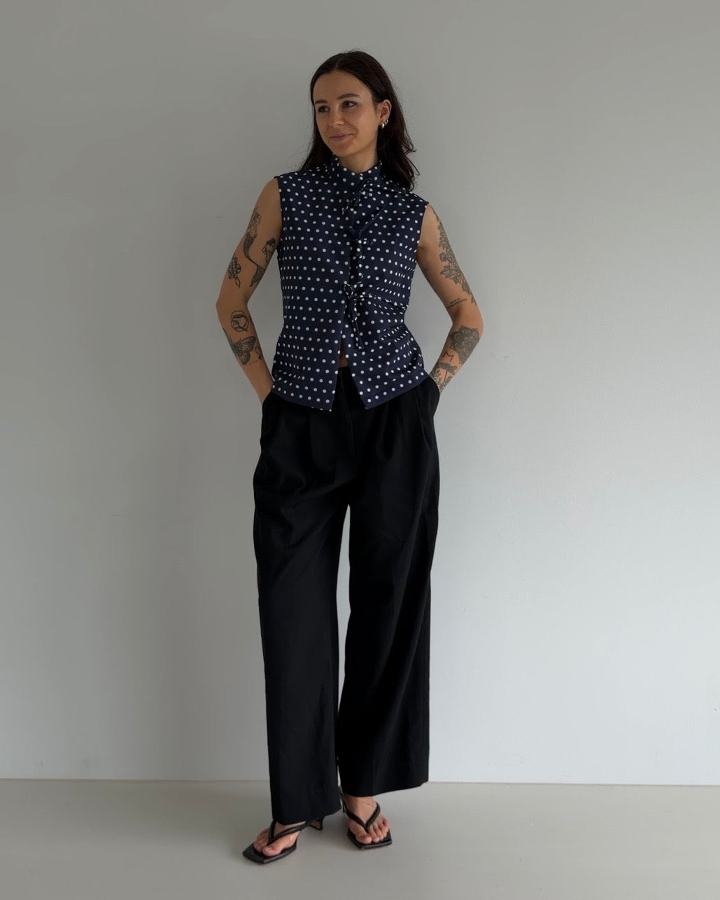 Polka Dot Mandarin Collar Top