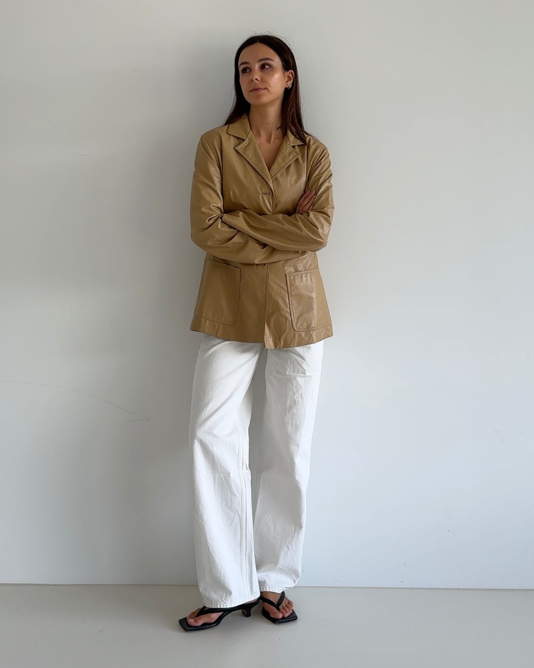 Beige Fake Leather Blazer