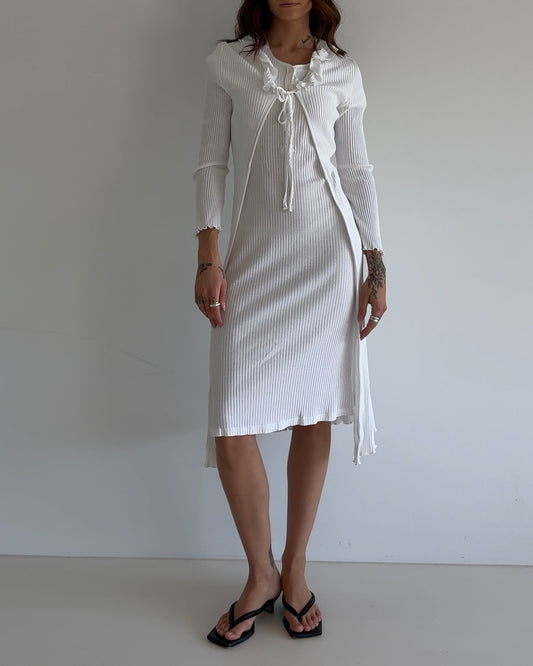 Vintage Ribbed Knit Dress Set – White