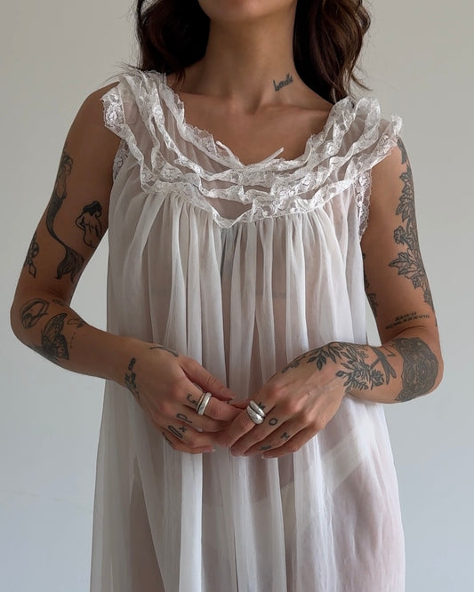 Vintage Sheer Lace Nightgown Dress – White