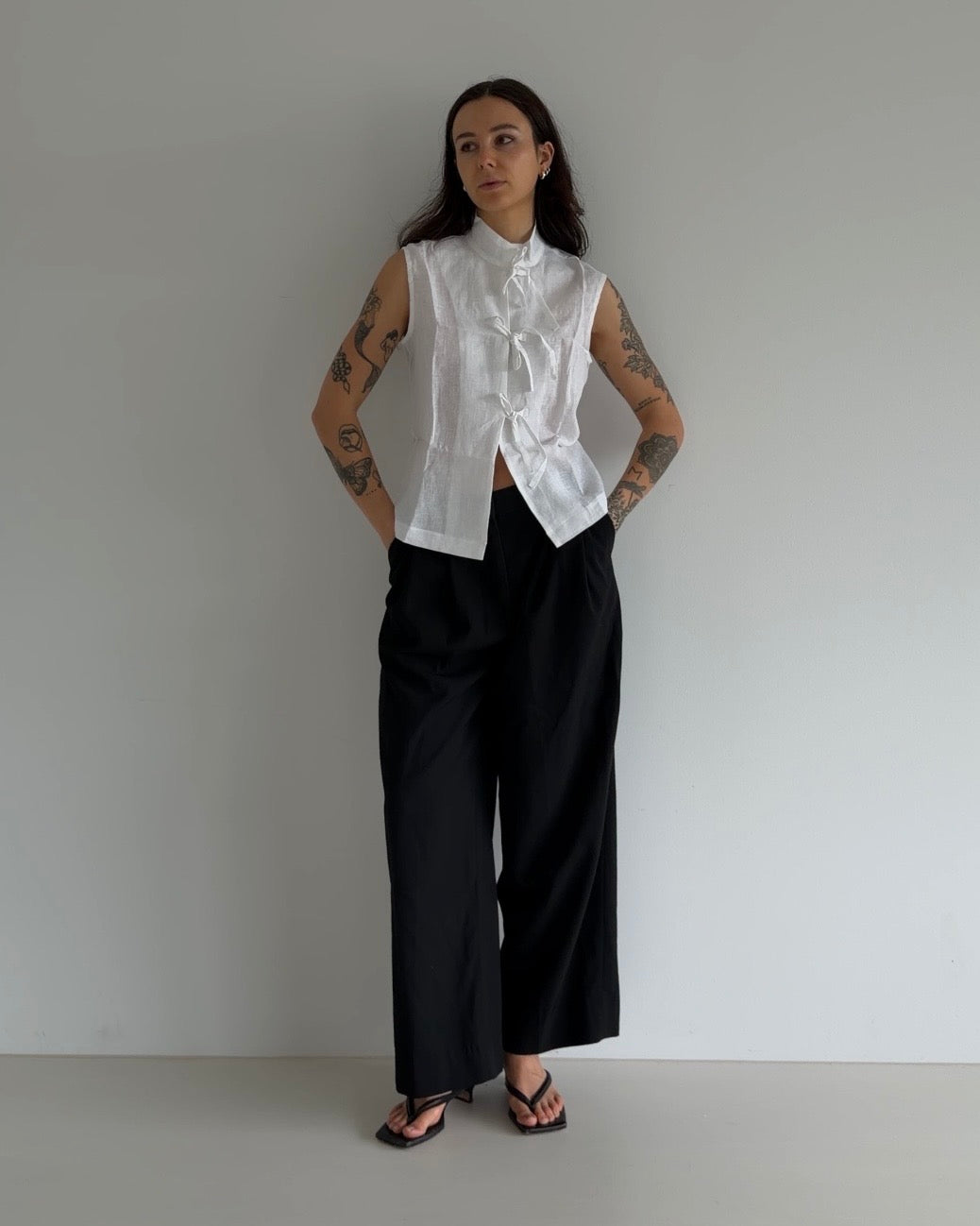 White Linen Mix Tie-Front Top
