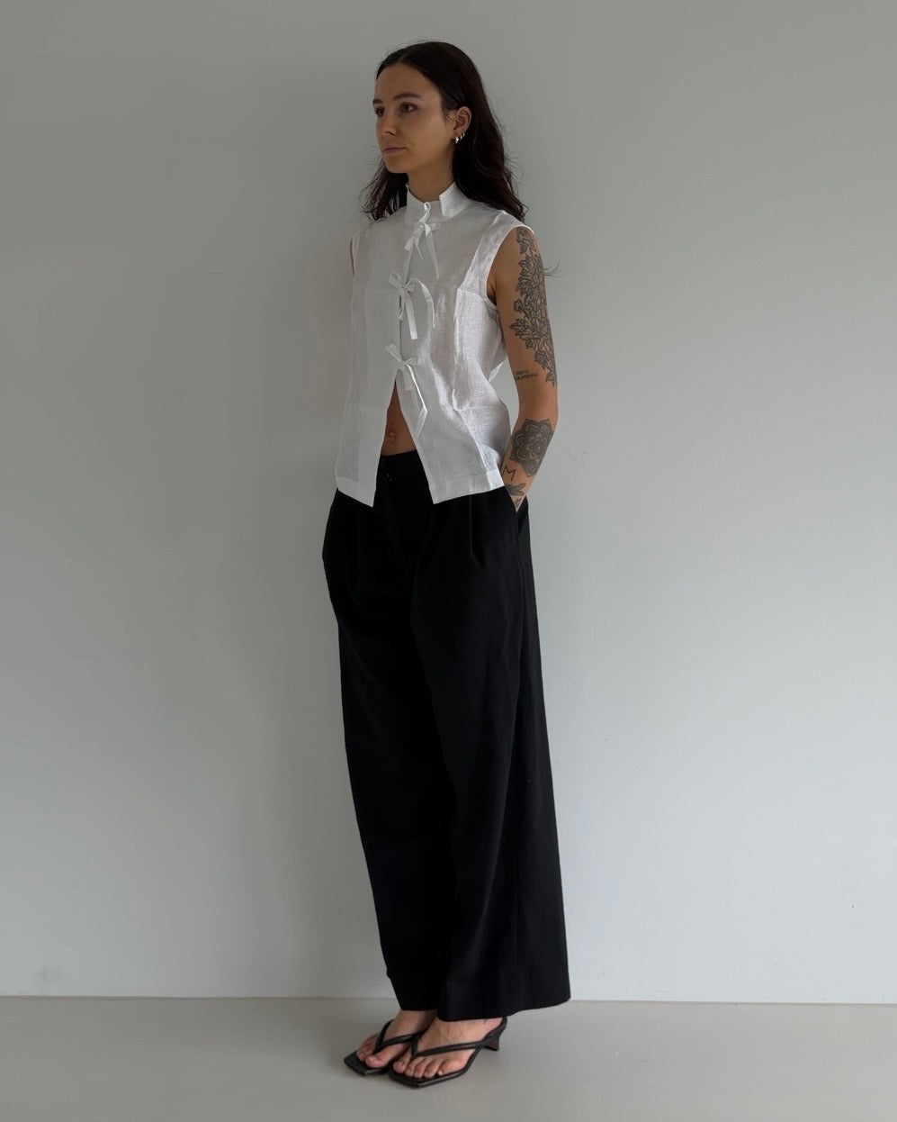 White Linen Mix Tie-Front Top