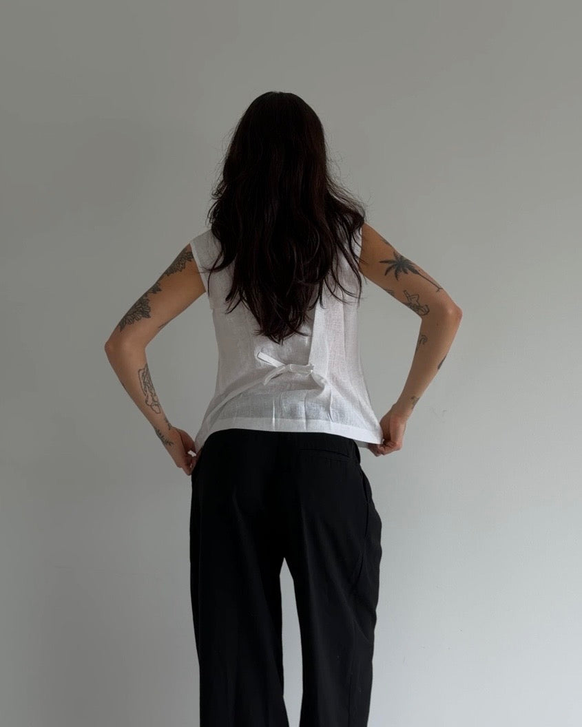White Linen Mix Tie-Front Top