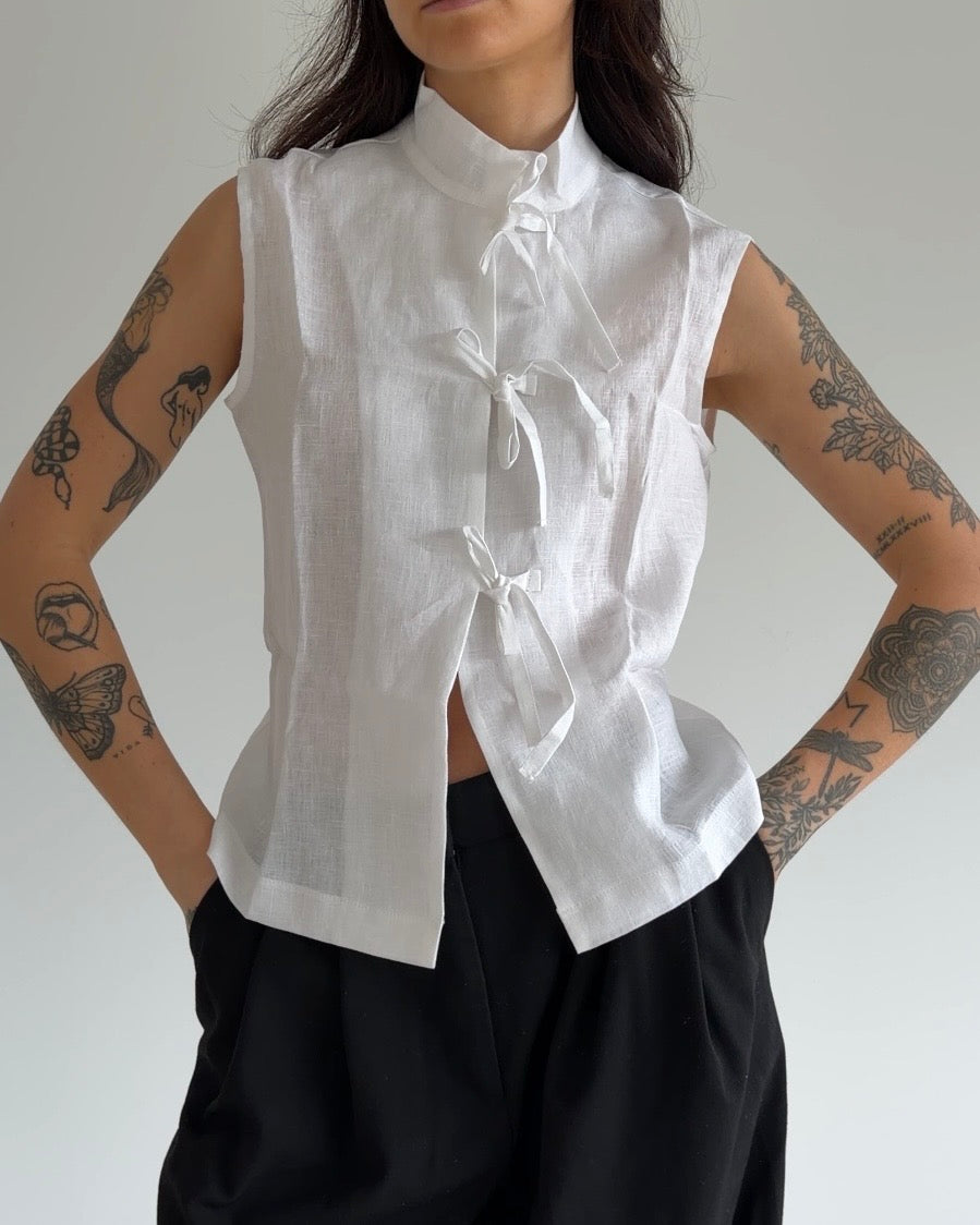 White Linen Mix Tie-Front Top