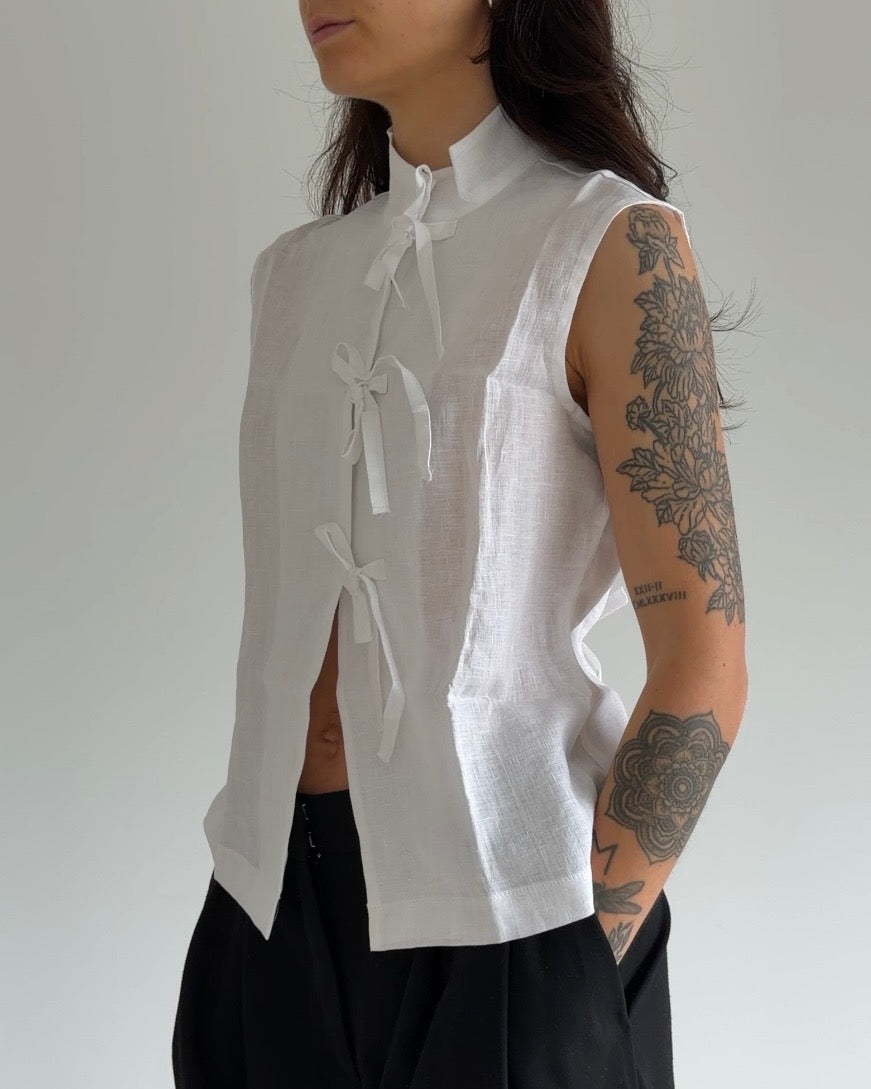 White Linen Mix Tie-Front Top