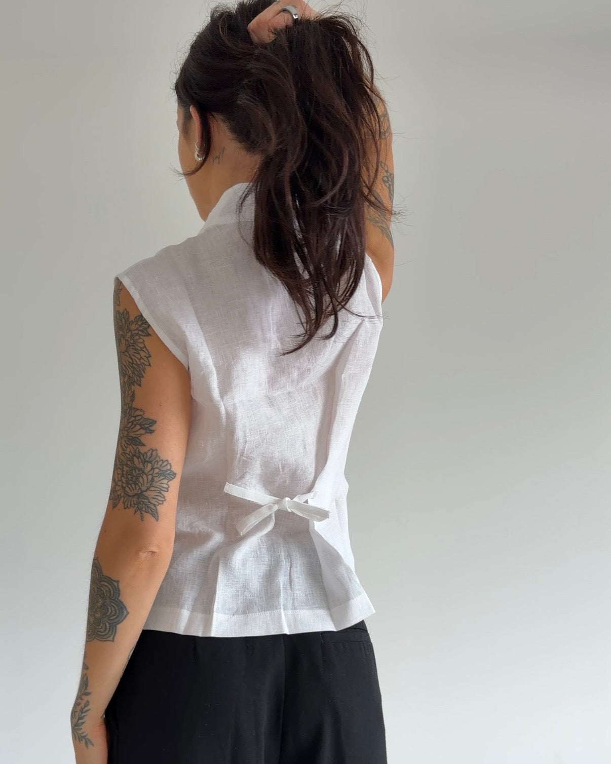 White Linen Mix Tie-Front Top