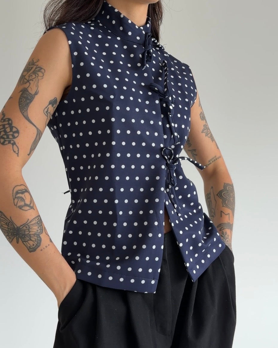 Polka Dot Mandarin Collar Top