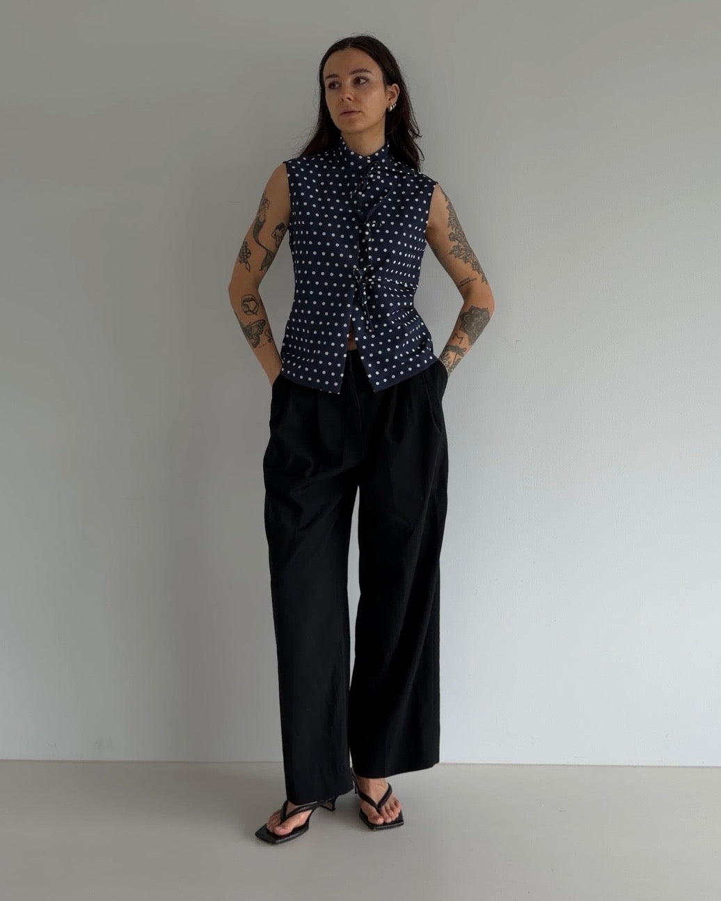 Polka Dot Mandarin Collar Top