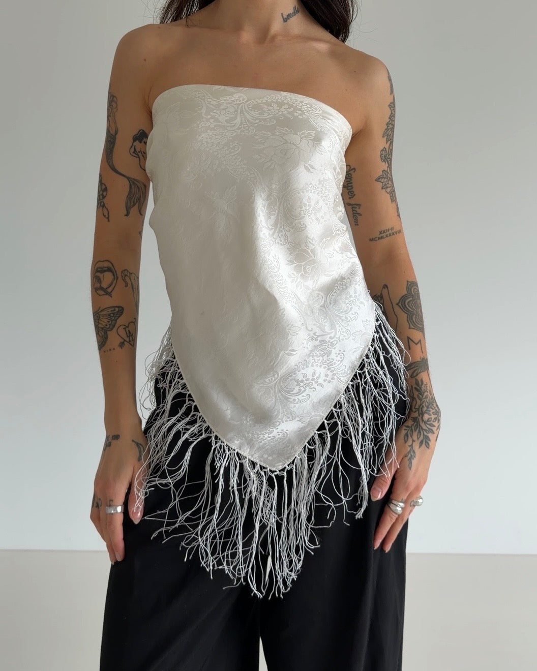 Ivory Silk Fringe Scarf with Floral Print