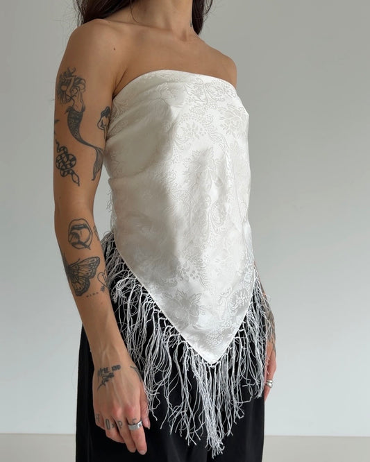 Ivory Silk Fringe Scarf with Floral Print