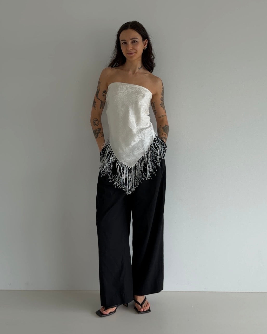 Ivory Silk Fringe Scarf with Floral Print