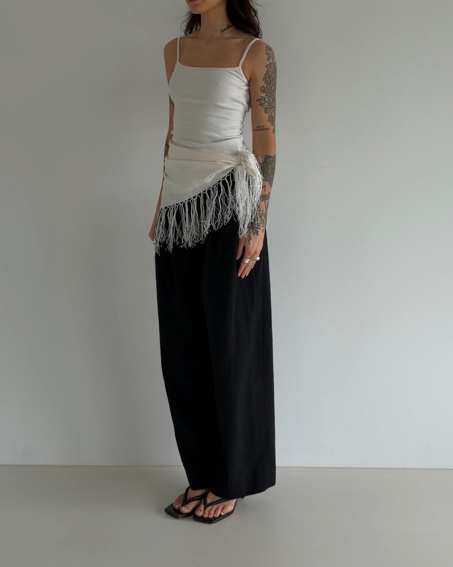 Ivory Silk Fringe Scarf with Floral Print