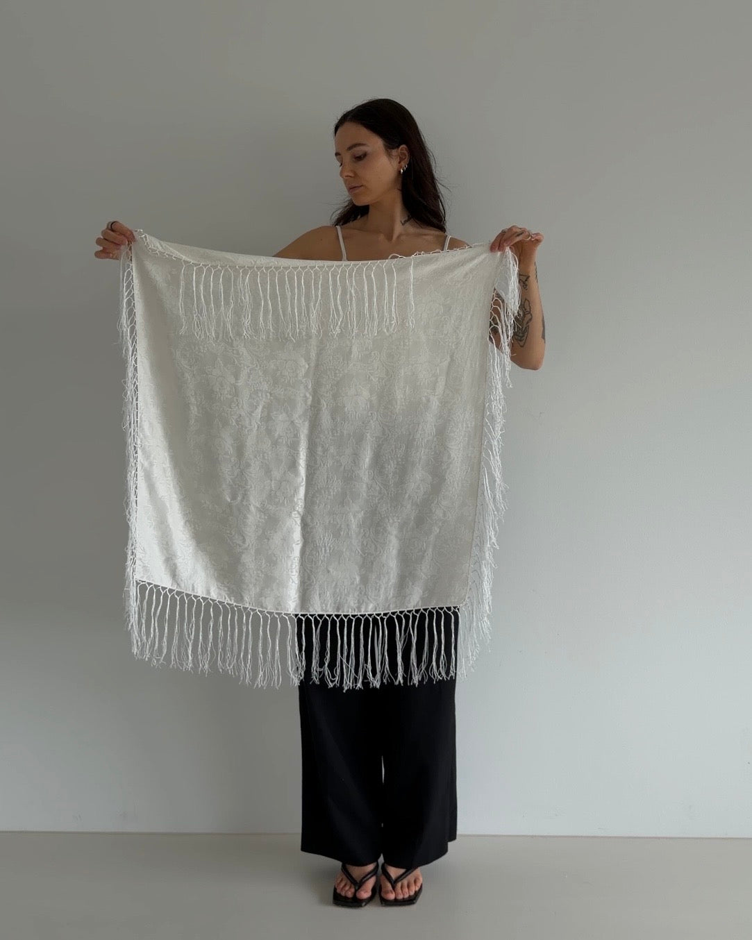 Ivory Silk Fringe Scarf with Floral Print