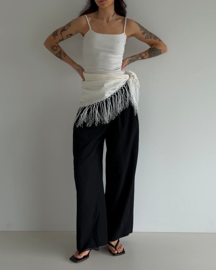 Ivory Silk Fringe Scarf with Floral Print