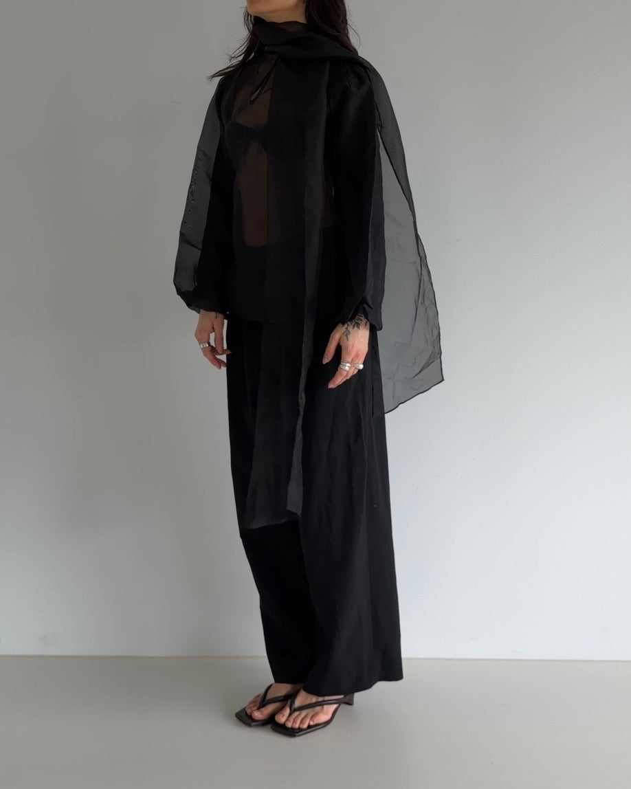 Sheer Organza Tie-Neck Blouse