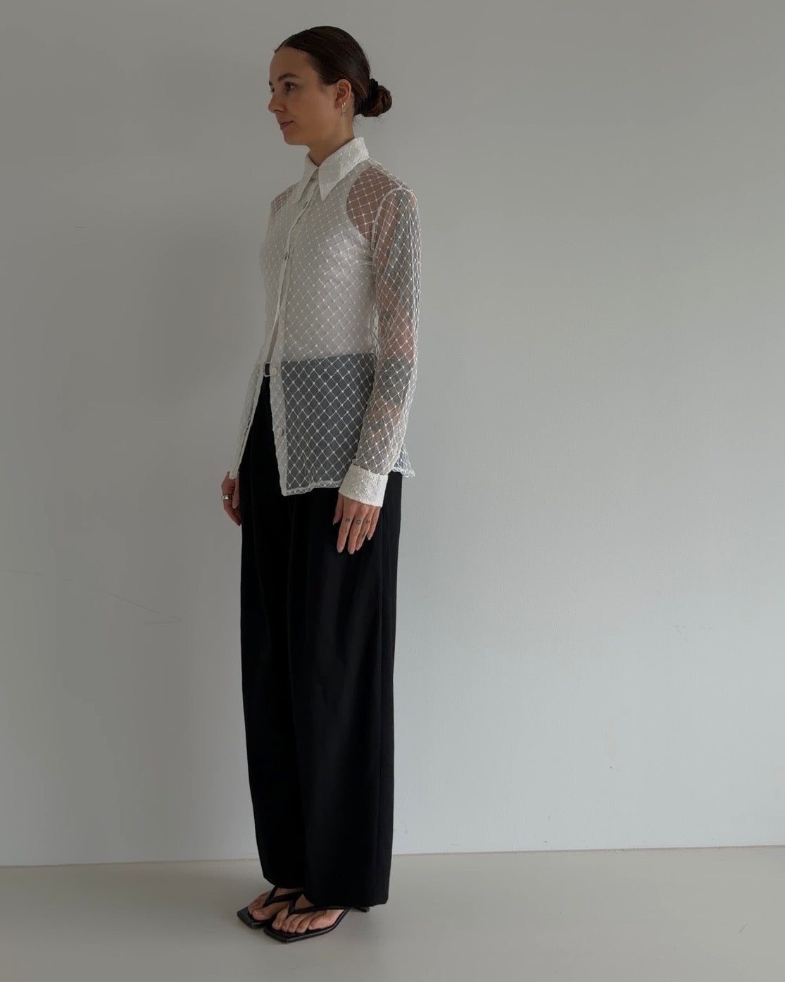 Elegant See Through Shirt White with Dots