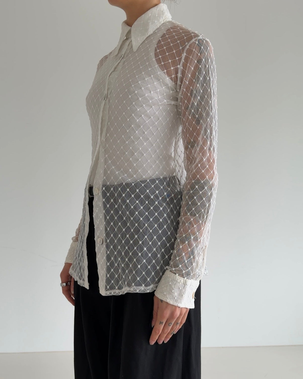Elegant See Through Shirt White with Dots