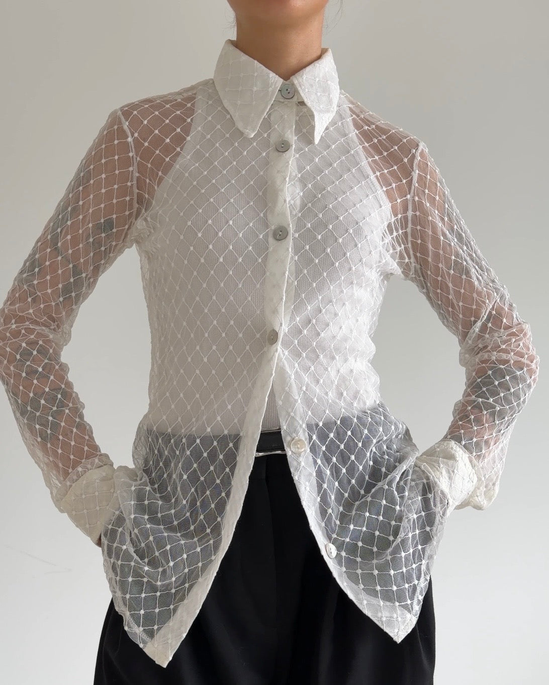 Elegant See Through Shirt White with Dots