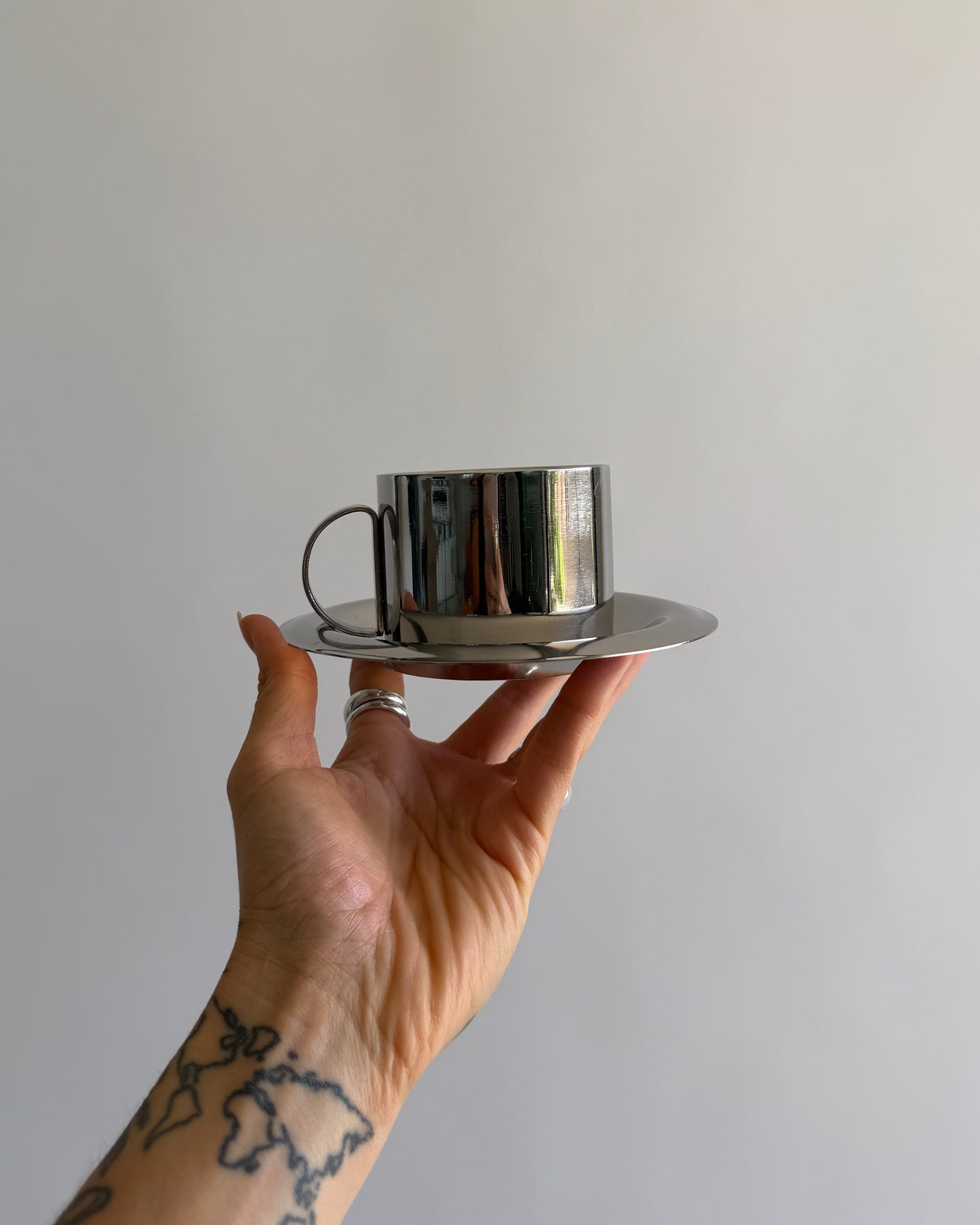 Vintage Space Age Stainless Steel Espresso Cup Set – Set of 2 - Cups & Saucers