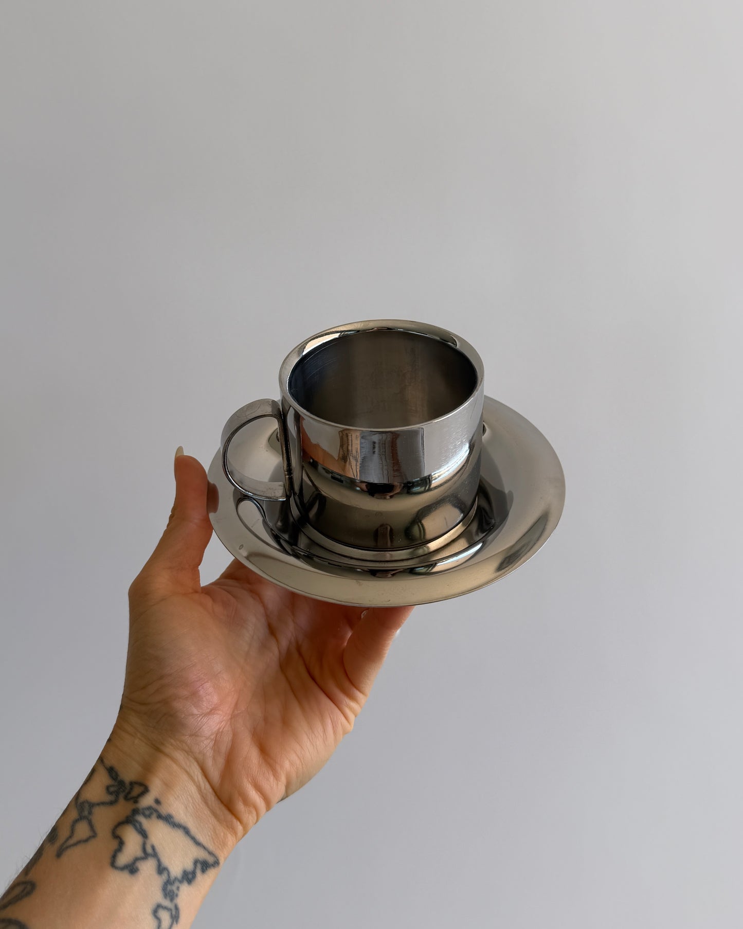 Vintage Space Age Stainless Steel Espresso Cup Set – Set of 2 - Cups & Saucers