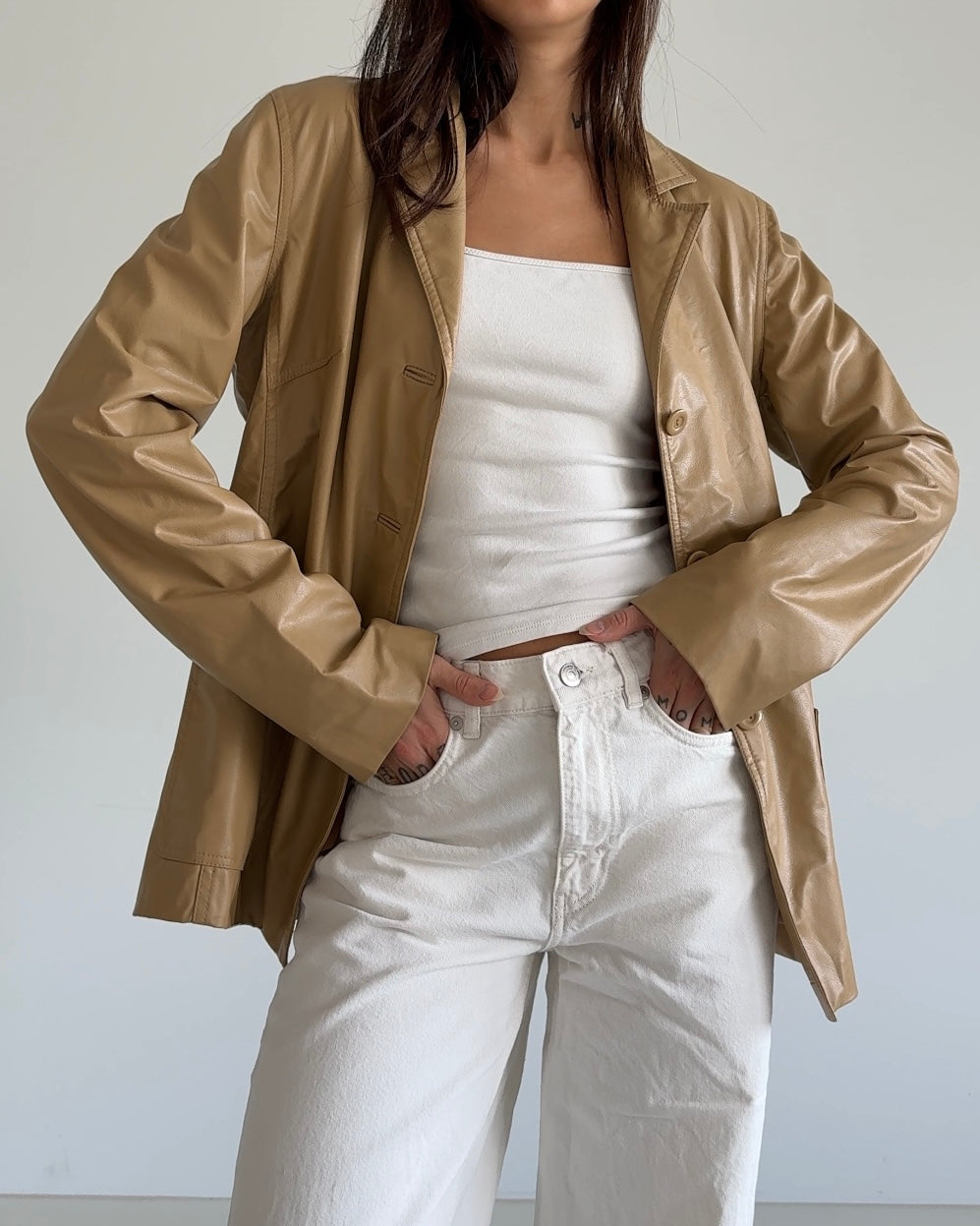Beige Fake Leather Blazer