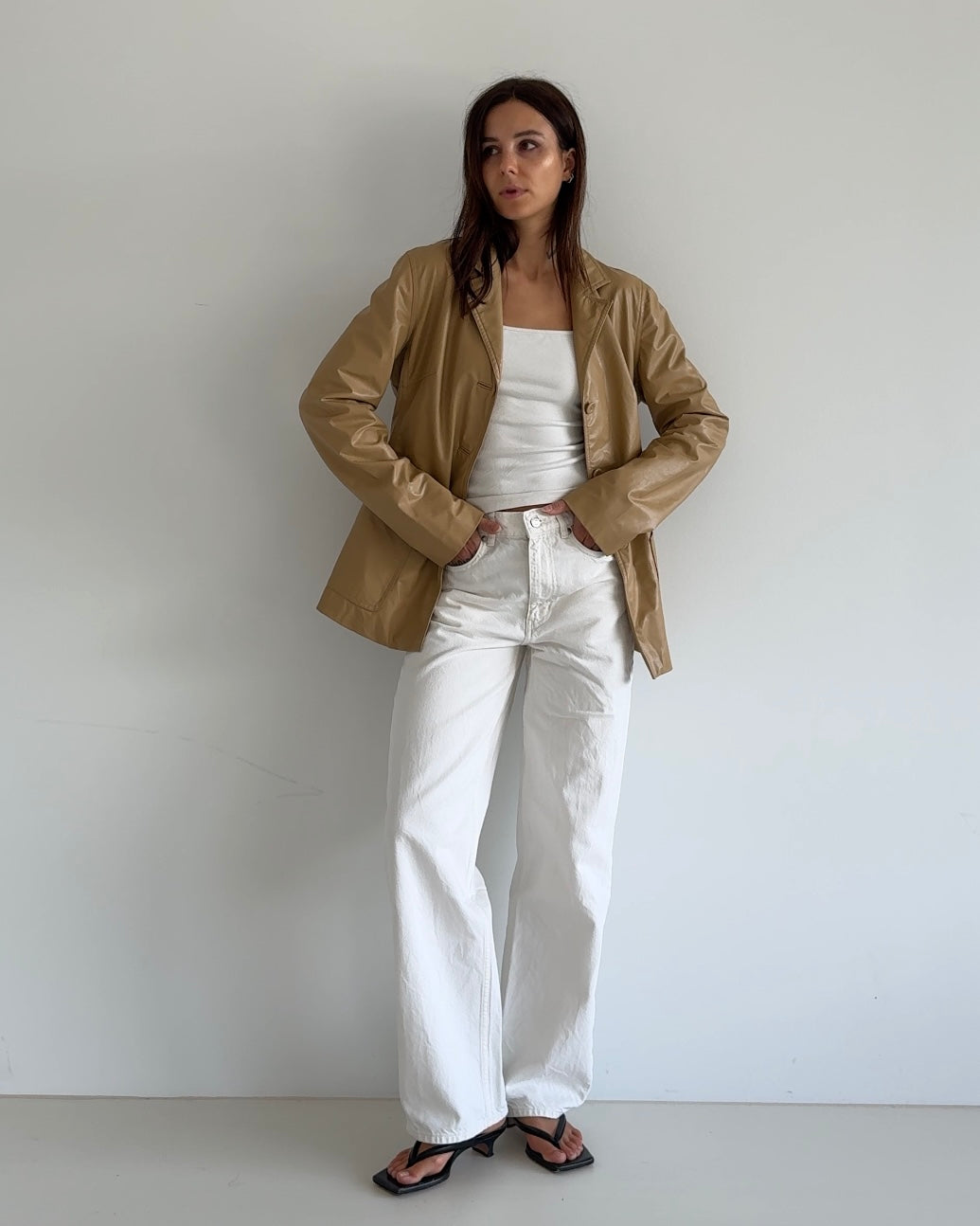 Beige Fake Leather Blazer
