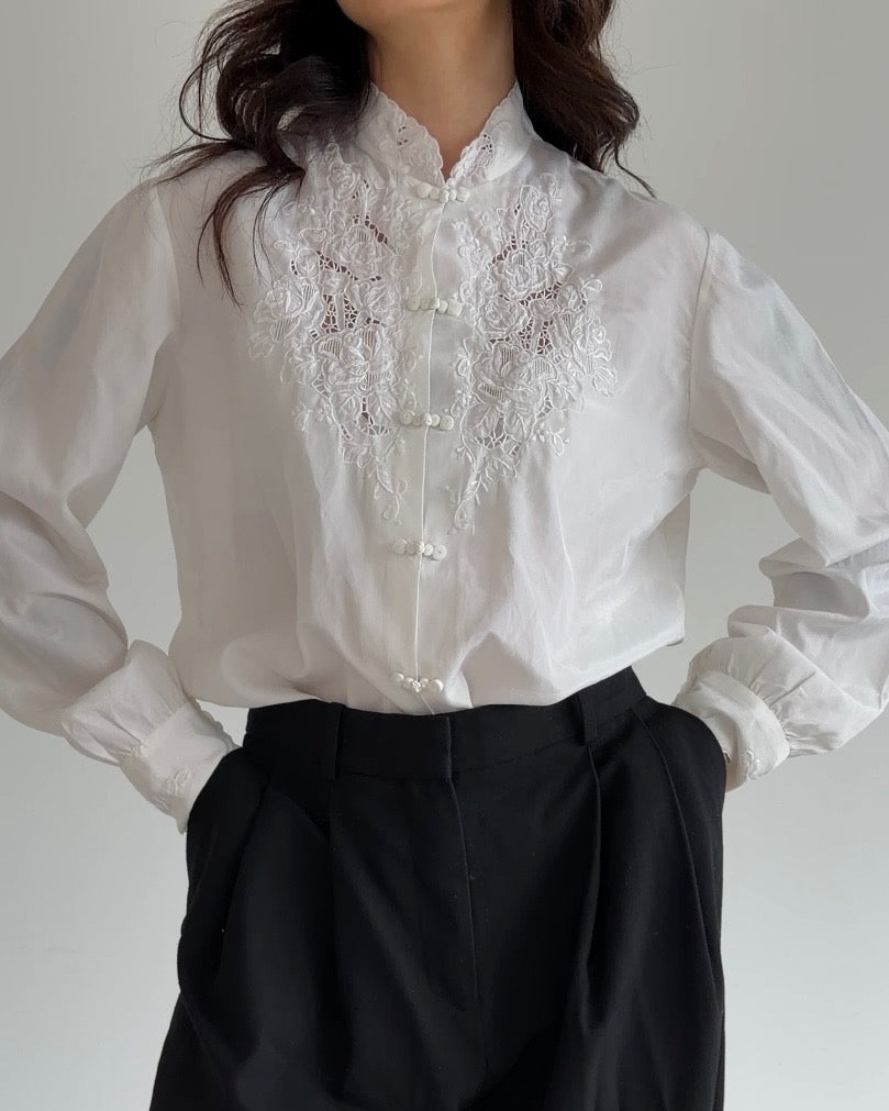 Vintage White Lace Mandarin Collar Blouse