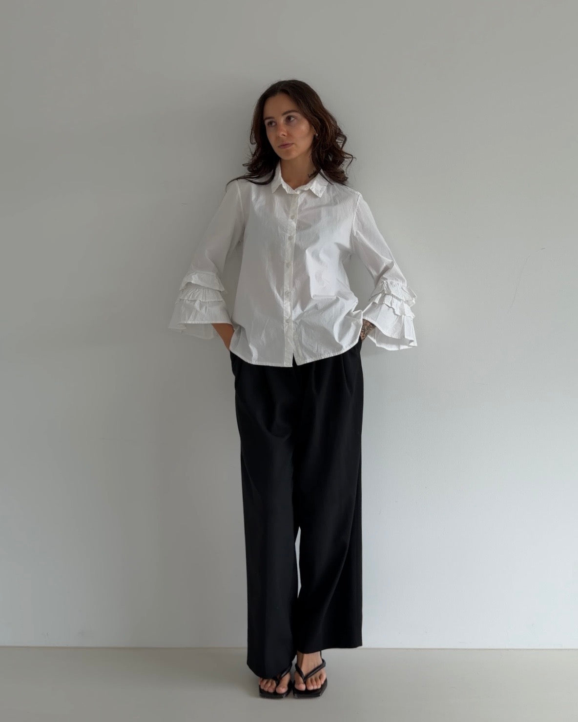 Ruffle Sleeve Cotton Shirt