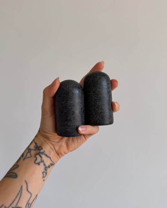 Dark Stone Salt & Pepper Shakers – Minimalist Sculptural Set